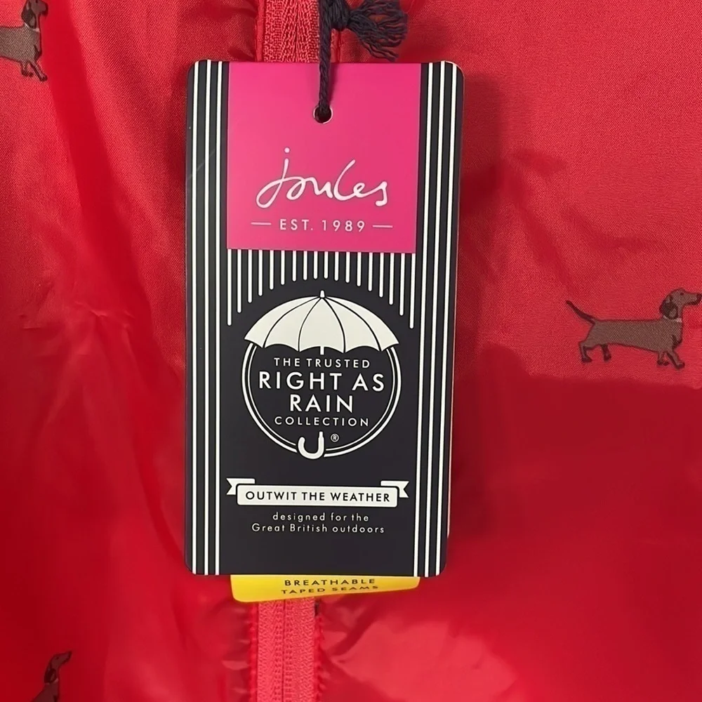 Brand New Joules Waterproof Breathable Rain Coat Zippered Jacket Red Dogs Hood